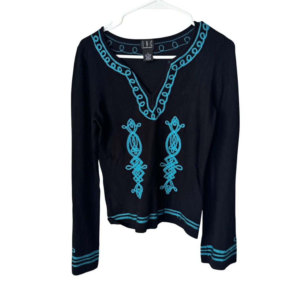 INC International Concepts Black Turquoise Soutache Embroidered Knit Top‎ Small
